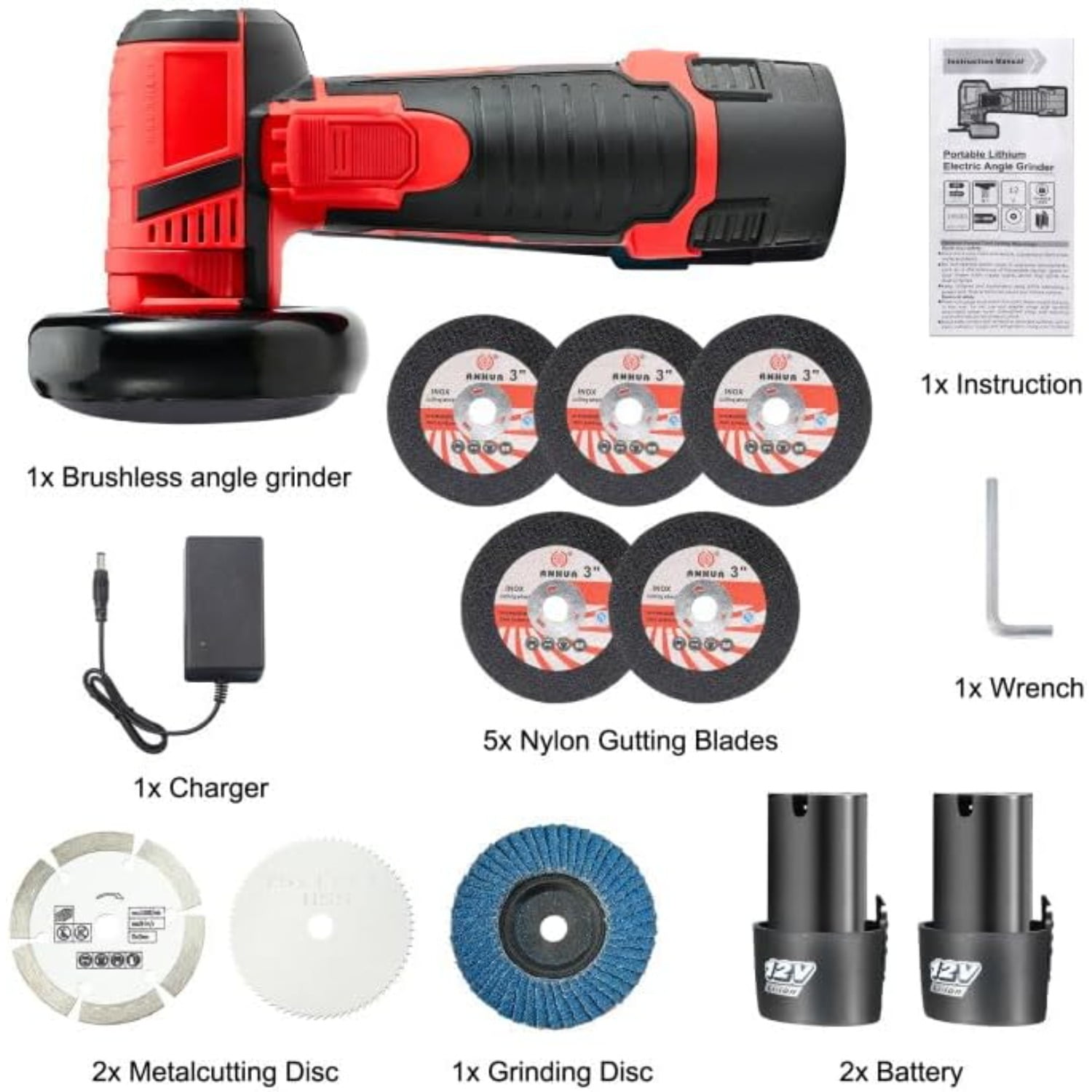 LithiCraft  3 Inch Brushless Angle Grinder Tool, Brushless Motor  12V Cordless Portable Angle Grinder with 2pcs 1500mAh Battery, 19500rpm Handheld Cutter for Polishing Ceramic Tile Wood Stone Steel