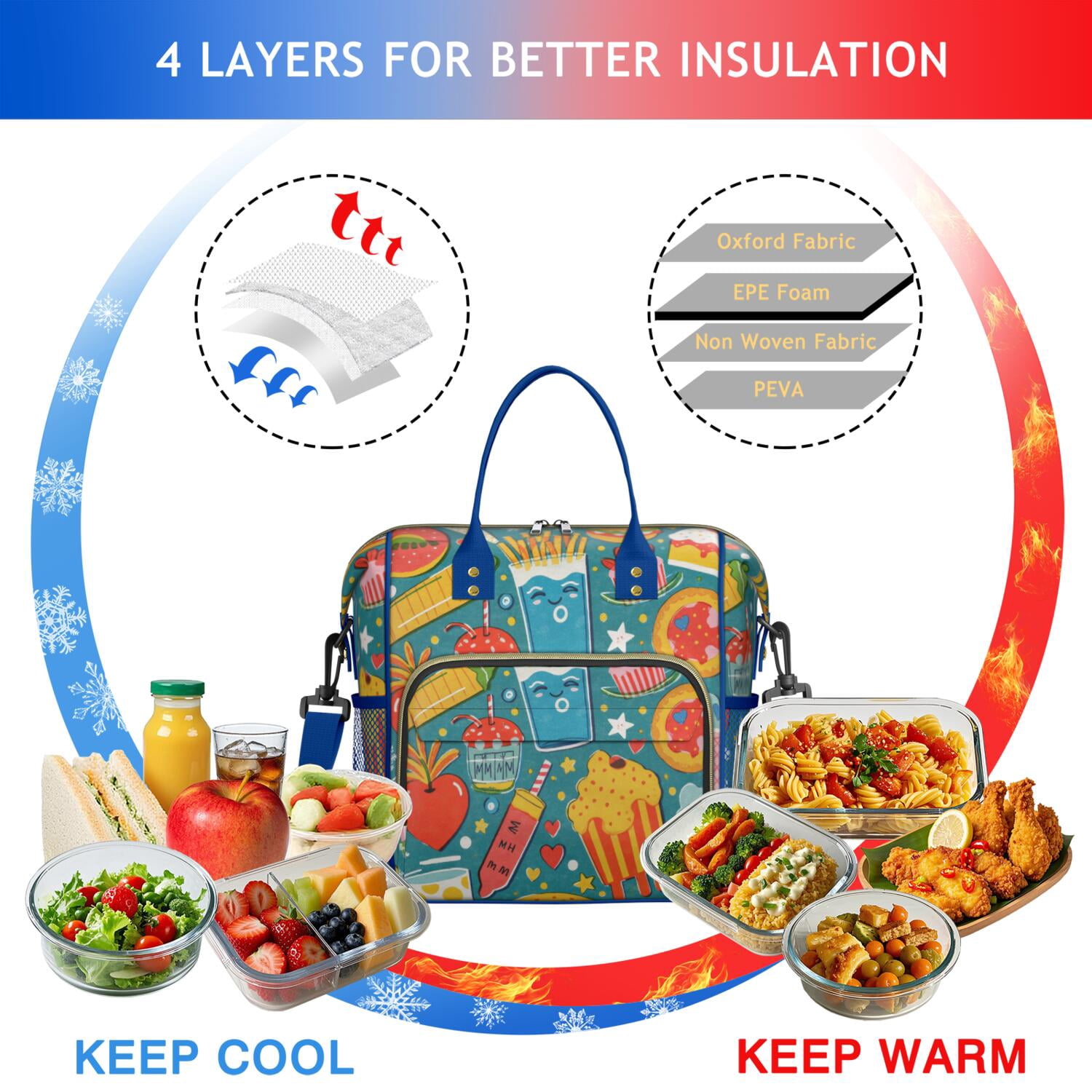 French Frie Roomy Insulated Lunch Bags Large Lunch Box for Office Employees Stylish & Functional Large Tote Adult Lunch Box for Short Getaways