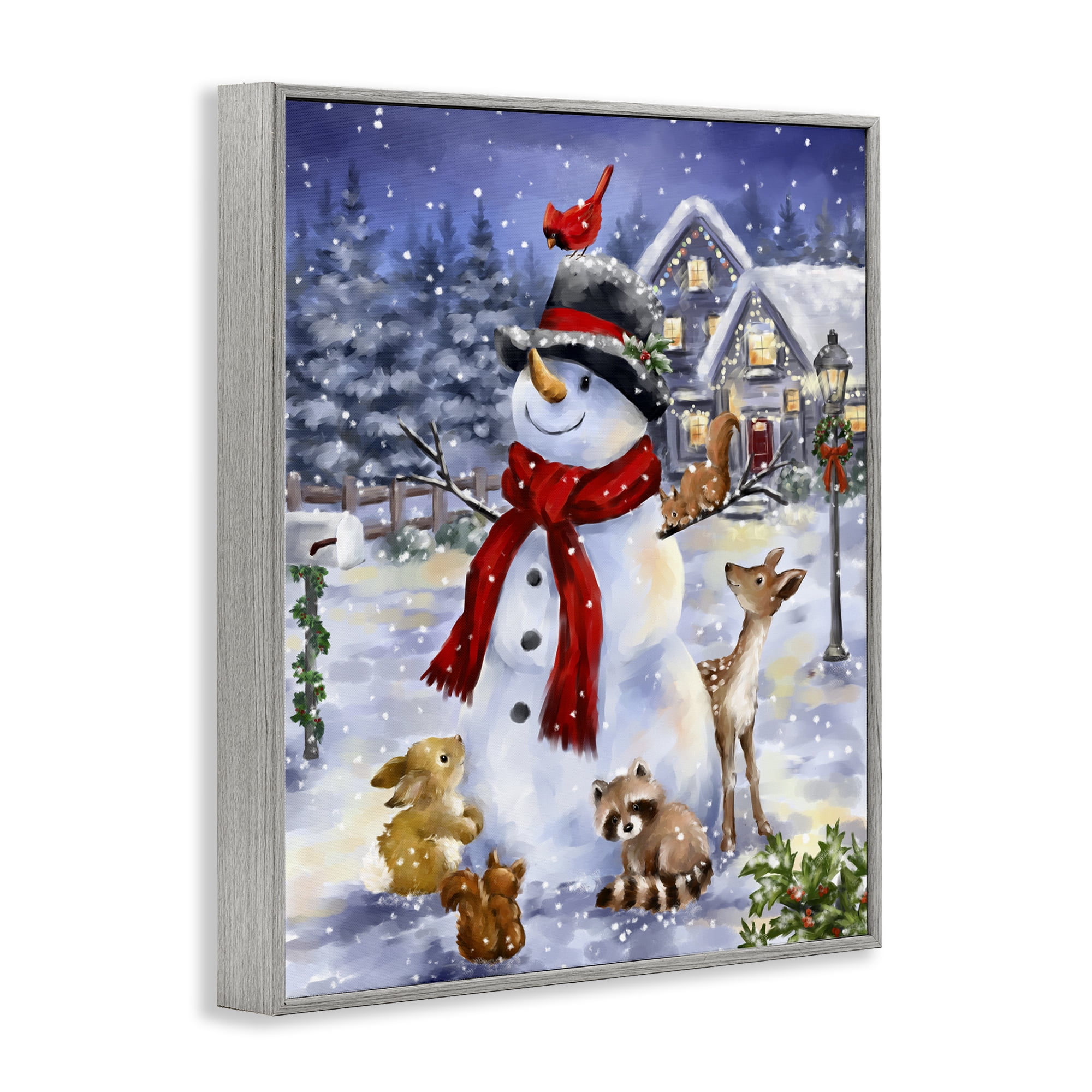 Stupell Industries Snowman & Forest Animals Holiday Painting Gray Framed Art Print Wall Art, 11 x 14