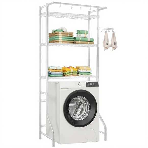 KFFKFF Étagère de rangement pour lave-linge et sèche-linge, étendoir à linge à 3 niveaux avec tringle et crochets, Tablettes réglables à une rangée pour Winner de la place, blanc