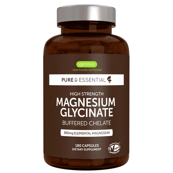 Igennus High Strength Chelated Magnesium Glycinate 1300mg, 380mg Elemental 90% DV, 90 Servings, Pure & Clean Buffered Magnesium Bisglycinate, Vegan, 180 Capsules