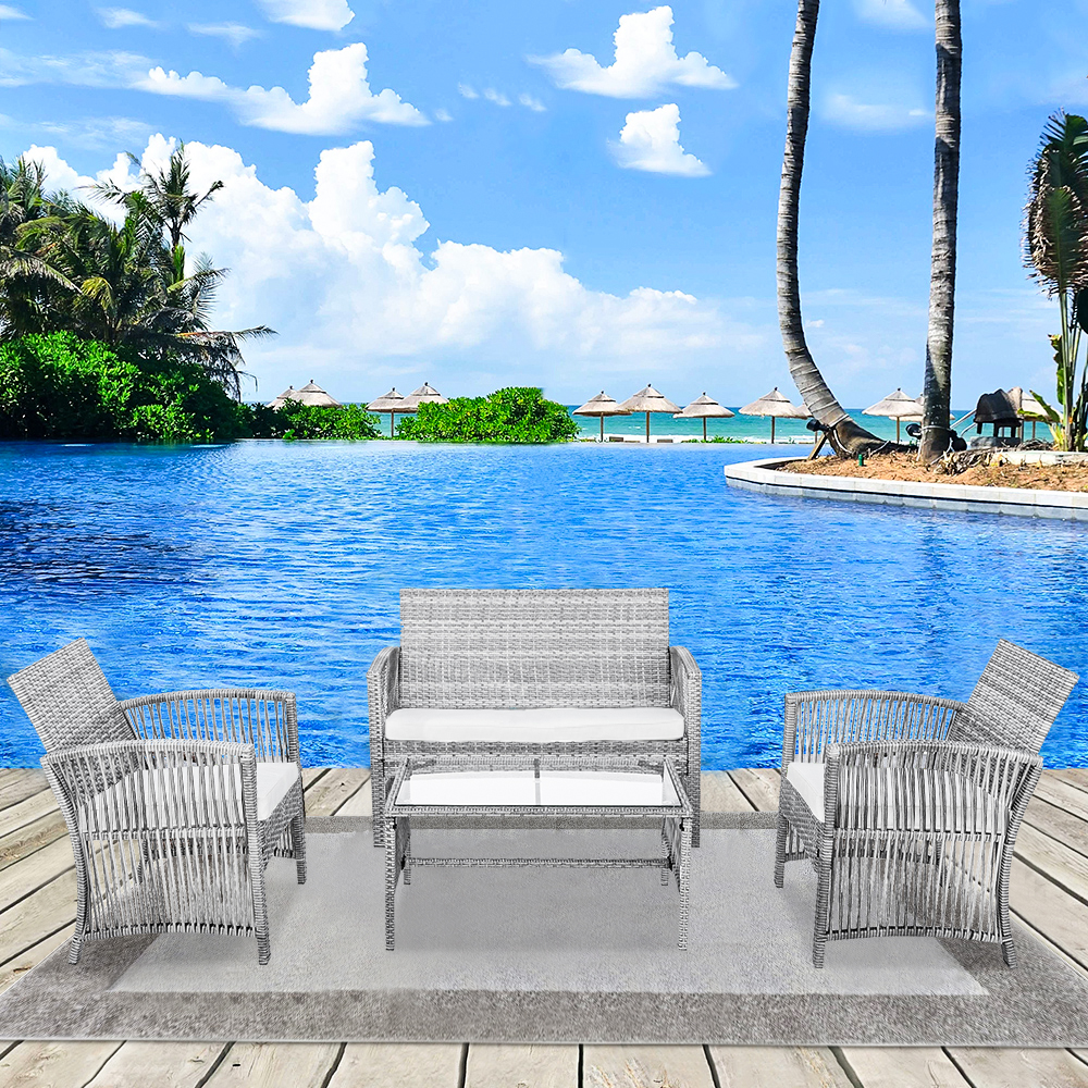 4-Piece Patio Furniture Sets, Outdoor Wicker Furniture with Two Single Sofa, One Loveseat, Tempered Glass Table, Outdoor Garden Cushioned Seat PE Rattan Sofa Set, Bistro Table Set for Poolside, Q8596 - image 2 of 12