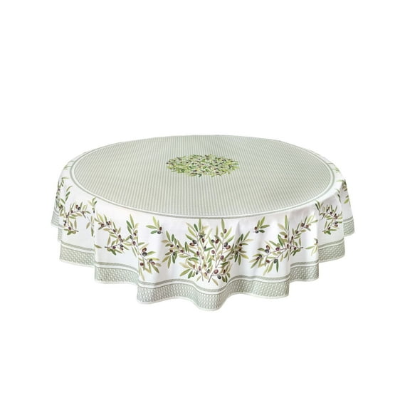 Round French Provencal Tablecloth Nyons Almond 70" Round, Easy-Care Wipe-Clean Cotton Coated French Tablecloth, Spill Resistant by Tissus Toselli,