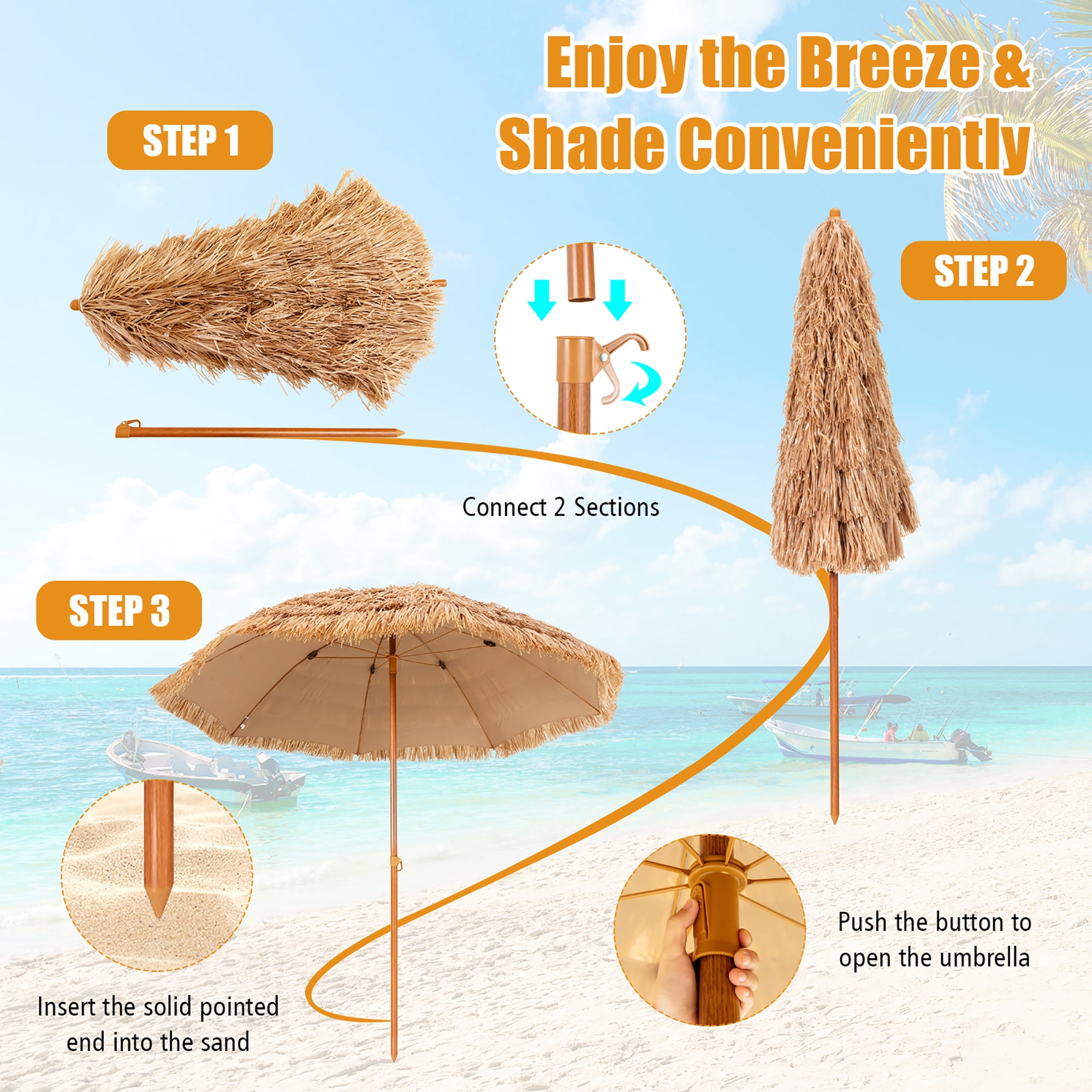 Costway 8 FT Patio Thatched Tiki Umbrella 8 Ribs Portable Hawaiian Hula Beach