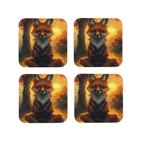 

Tideii Sunset Maple Tree Fox for Leather Coasters 4 Pieces Anti-fouling and Anti-scalding Decorative Coasters Suitable for Restaurants Kitchens Coffee Shops-Square