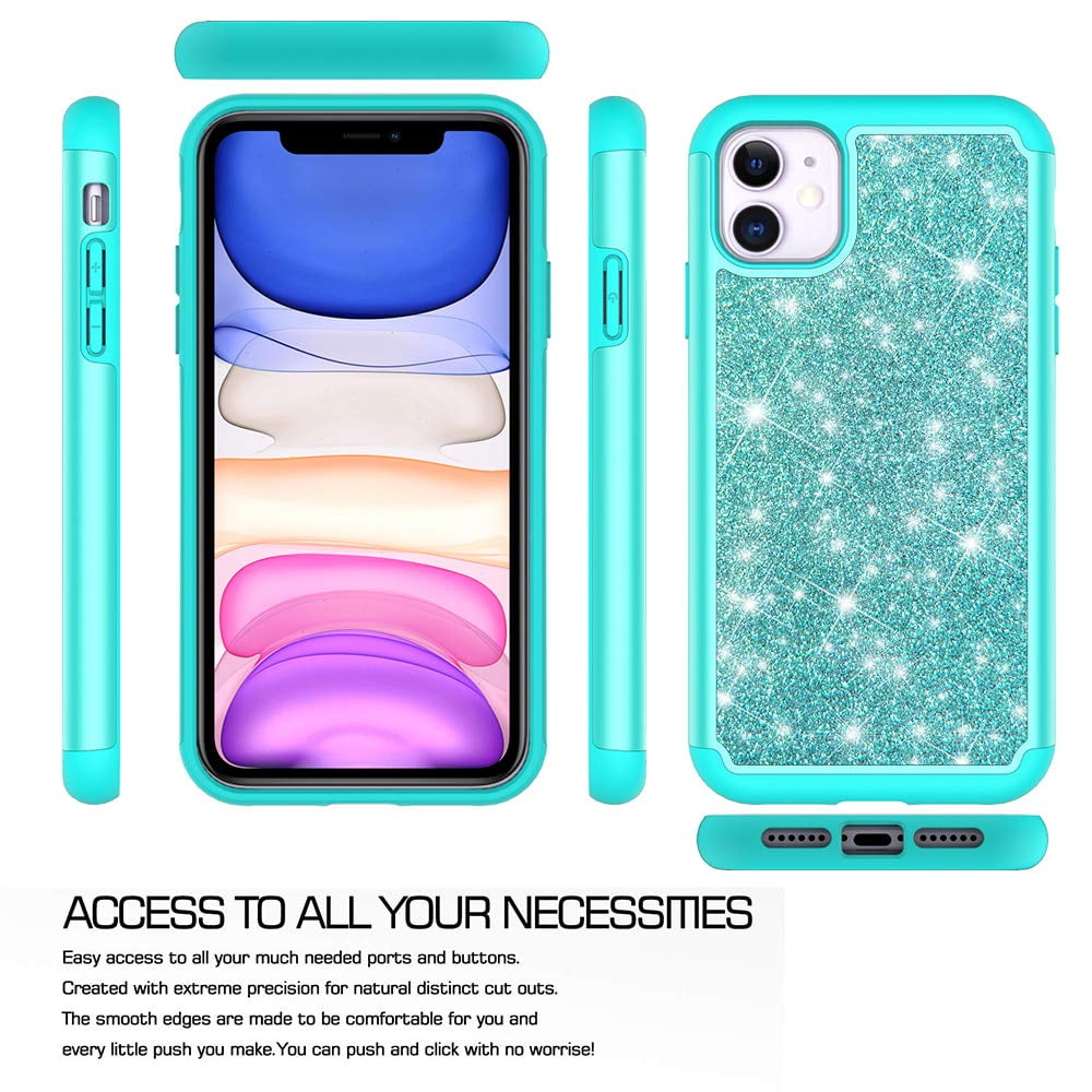 Apple Iphone 11 Case Cute Girls Women W Tempered Glass Screen Protector Heavy Duty Protective Phone Cover Case For Iphone 11 Glitter Teal Walmart Com Walmart Com