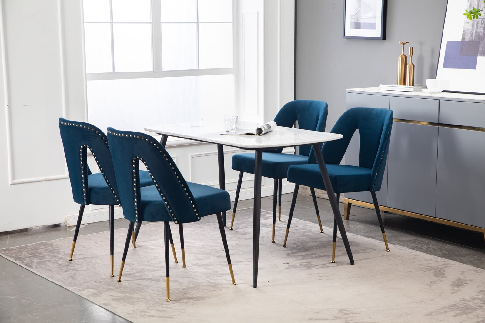 MAYEERTY Modern Contemporary Velvet Dining Chair - Nailheads, Gold-Tipped Black Metal Legs, Blue, Set of 2