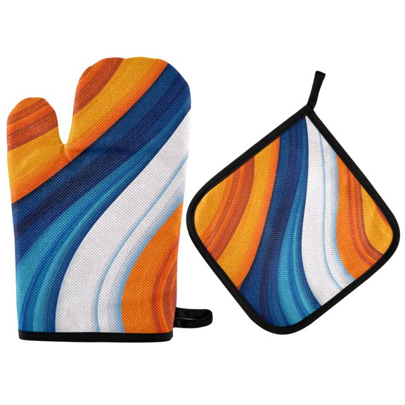 Yayeee Oven Mitts and Pot Holder Set of 2 Heat Resistant Kitchen Gloves Baking Hot Pad, Orange Abstract Wavy