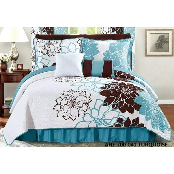 All American Collection New 6pc Flower Printed Reversible Bedspread Set with Dust Ruffle (King Size, Turquoise/Brown)