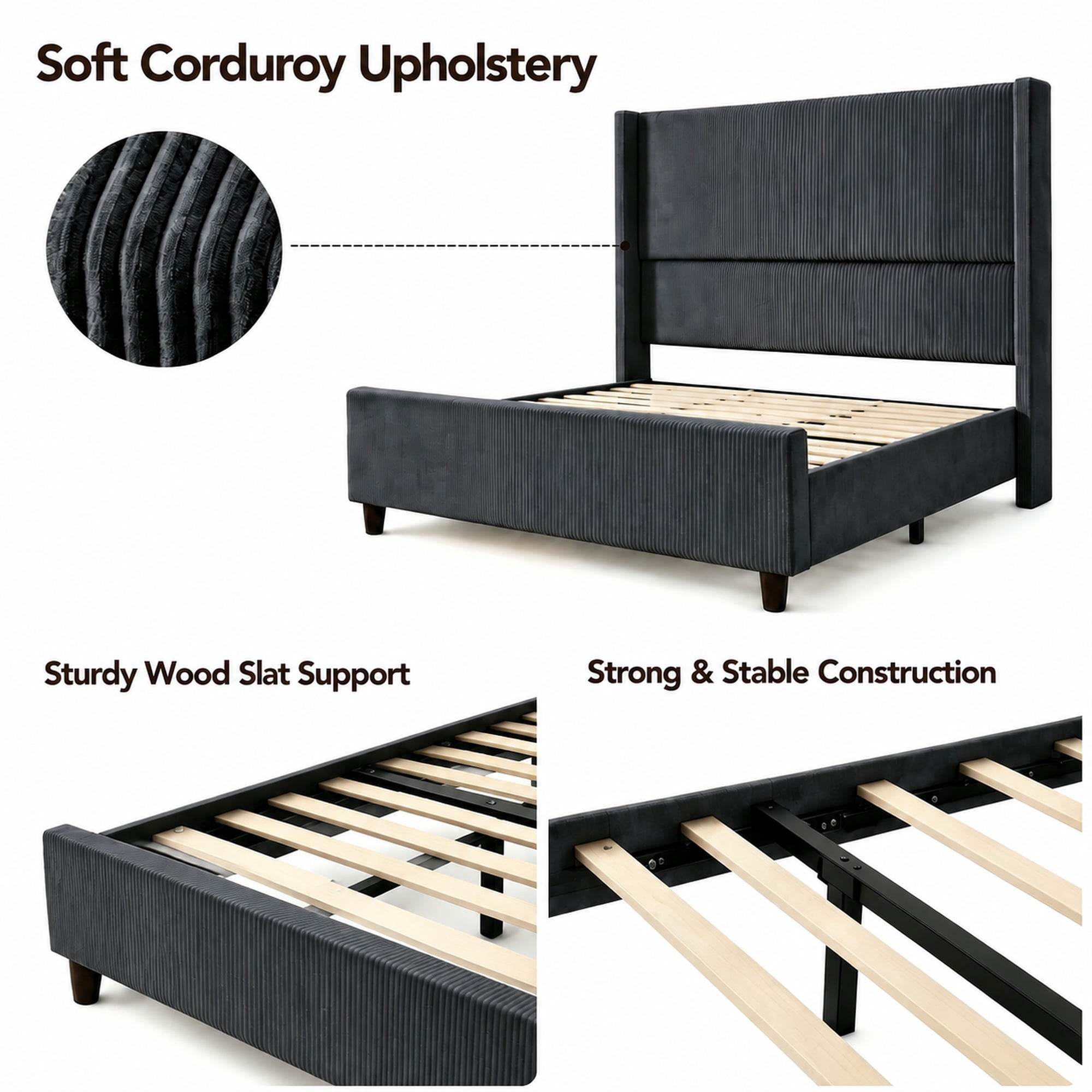 Mintazer Full Size Upholstered Wingback Platform Bed Frame with Padded Headboard, Vertical Channel Tufted Corduroy Bed for Bedroom, No Box Spring Needed, Black