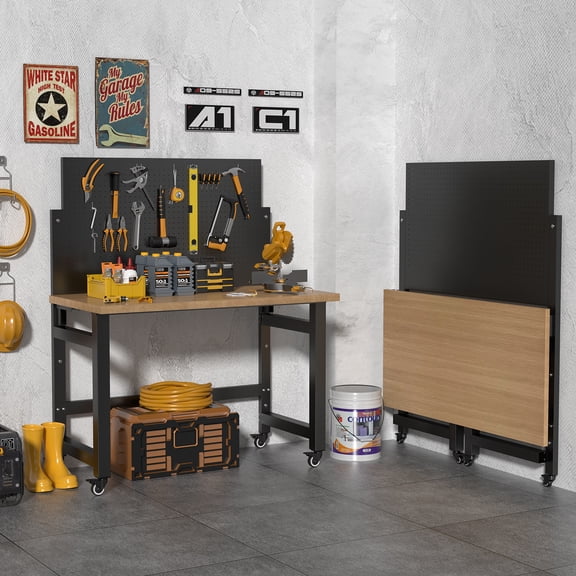 48" Foldable Work Bench Adjustable Height with Storage Shelf, Max Load 2000 LBS Heavy Duty Rubberwood Tabletop with Pegboard for Woodworking Shop, Garage, Home