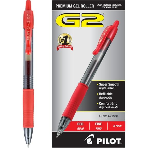 Pilot G2 Premium Gel Roller Pens, Fine Point 0.7 mm, Red Pens, Pack of 12 - Ideal for School, Journaling & Office Writing