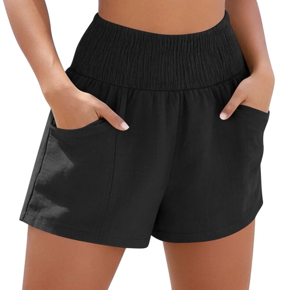 GUACER Casual Shorts for Women Loose Cotton Linen Elastic Waisted with Pockets Beach Shorts