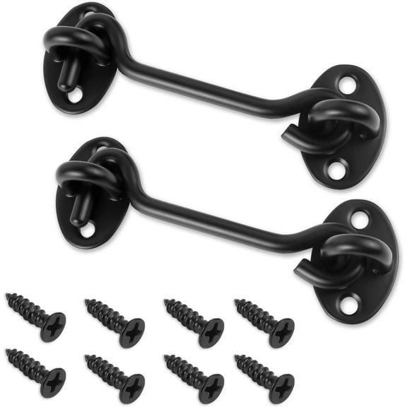 2 PACK 4" Barn Door Latch Hook,Hook and Eye Latch for Door with Mounting Screws,Black Coated Anti-Rust Gate Latch for Window,Gate,Wooden