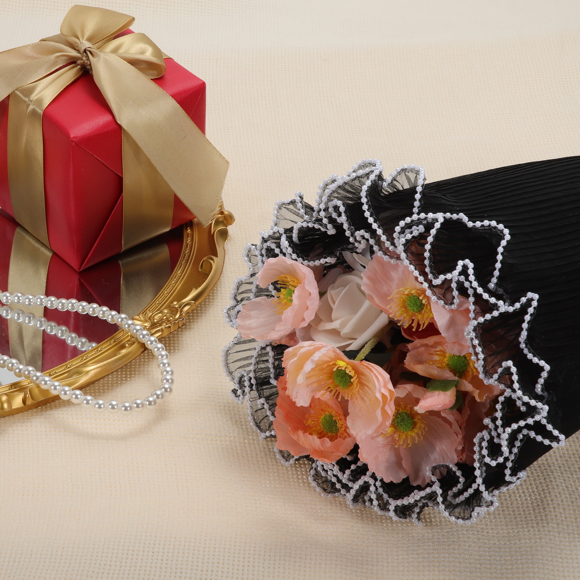 Unique Bargains Faux Pearl Edge Flower Wrap Paper for All Occasions 1 Pc Black