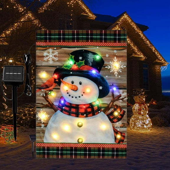 Lighted Christmas Garden Flag, Solar Energy LED Merry Christmas Snowman Flag, 12 x 18 Inch Double Sided Christmas Flags for Outdoor Yard Garden Lawn Decoration - Snowman