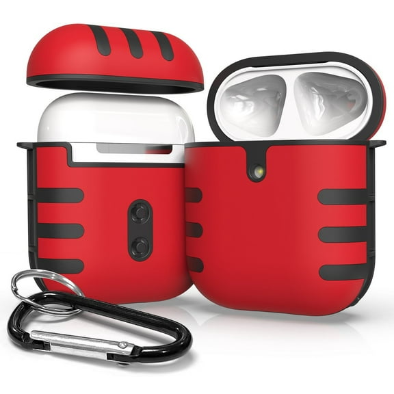 Case for Airpods, Red/Black Duo-Shield Rugged Hybrid Cover [Polycarbonate and TPU Rubber] with Carabiner Keychain Clip for Apple Airpods Console