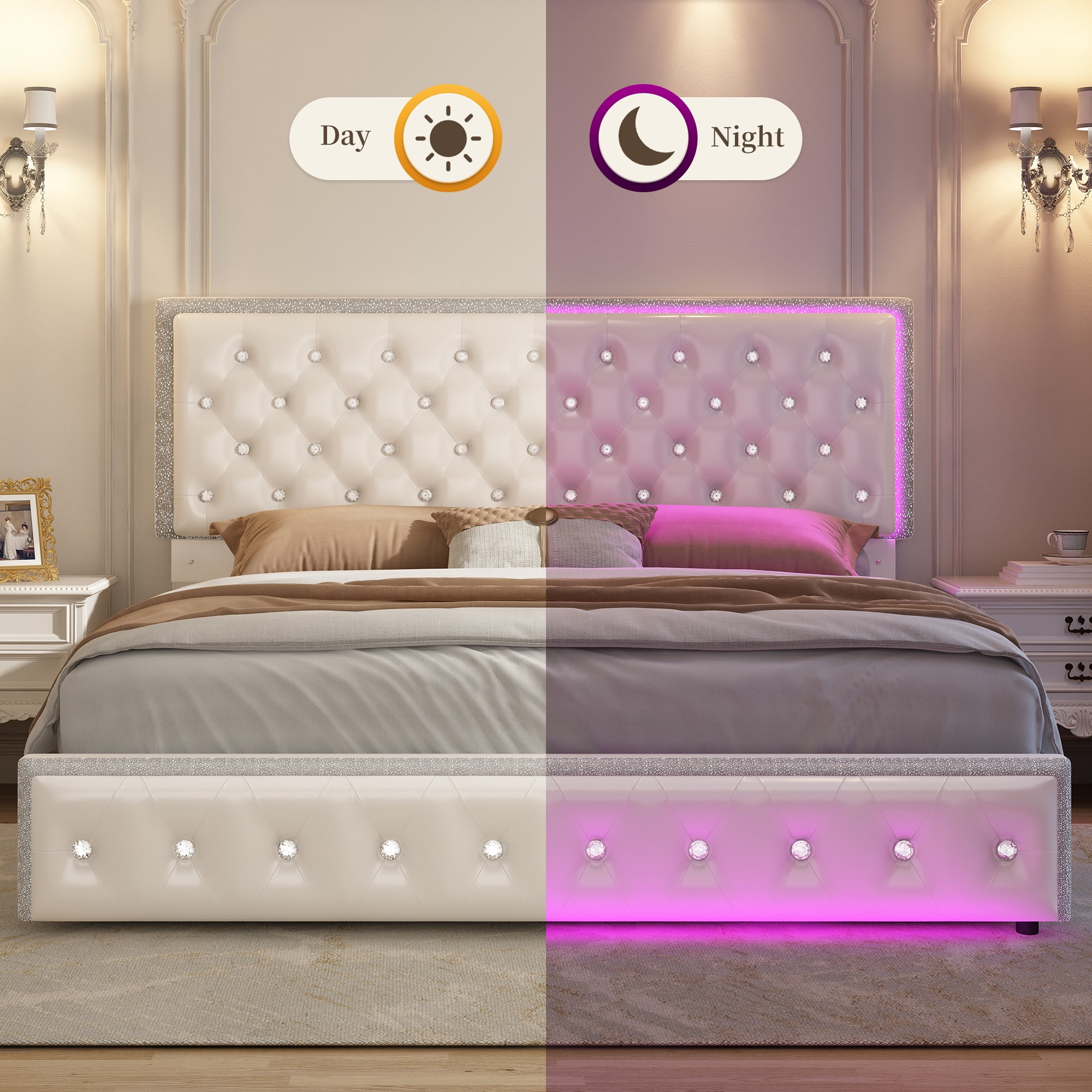 SIBEDS Full Upholstered LED Bed Frame with 2 Storage Drawers, PU Leather White Diamond Tufted Headboard, RGB Lights, Noise Free, No Box Spring Needed