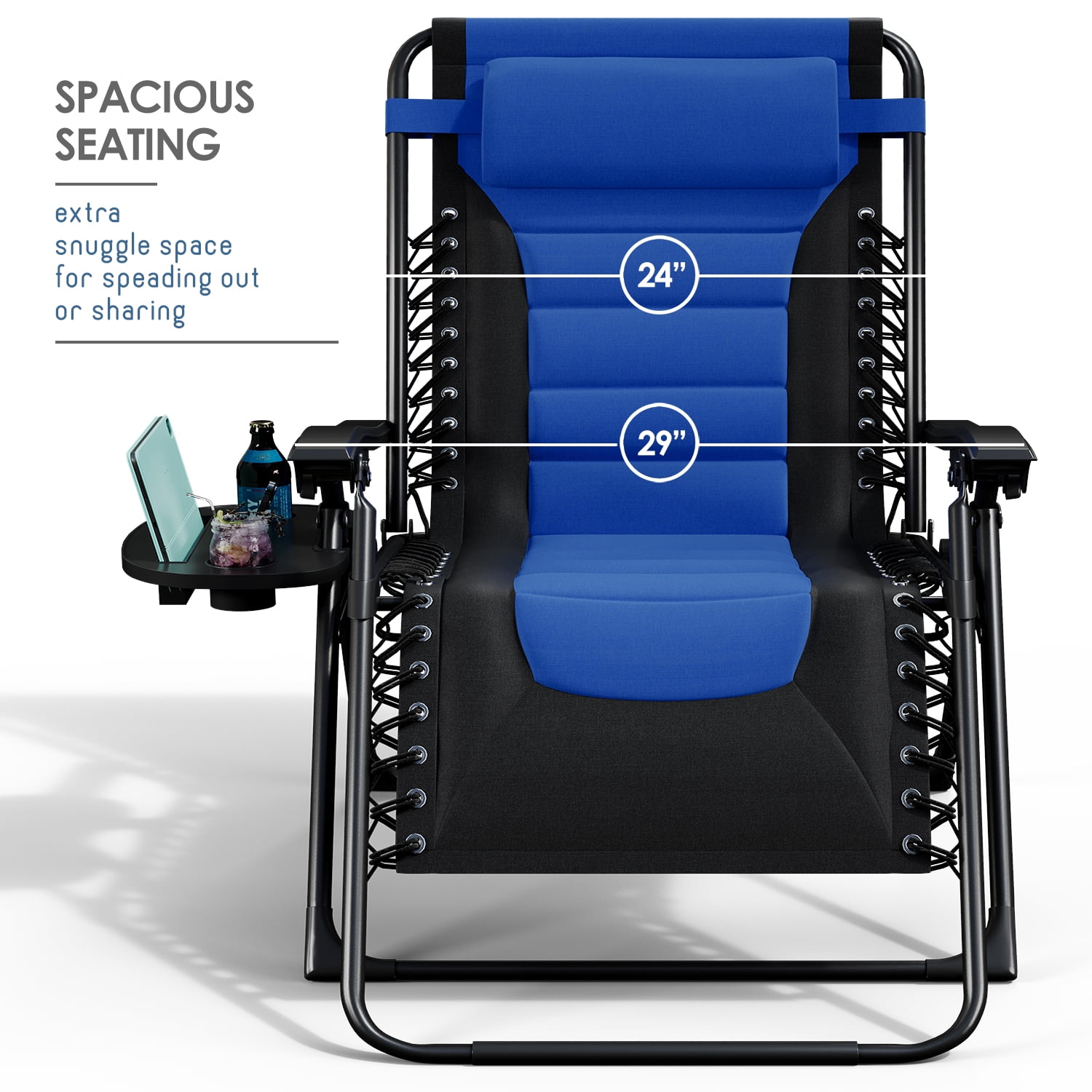 LammaLoe Padded Zero Gravity Chair Oversize, Lounge Chair Outdoor, with Adjustable Headrest and Side Tray, 330 lbs Capacity – Black/Blue