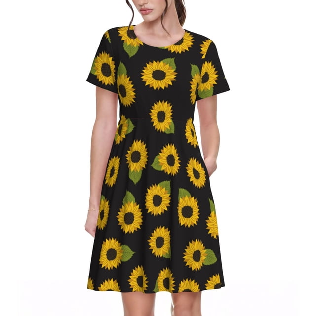Bixox Robe d'Été à Manches Courtes pour Femmes Robe Ample Longueur Genou avec Poches-Tournesols