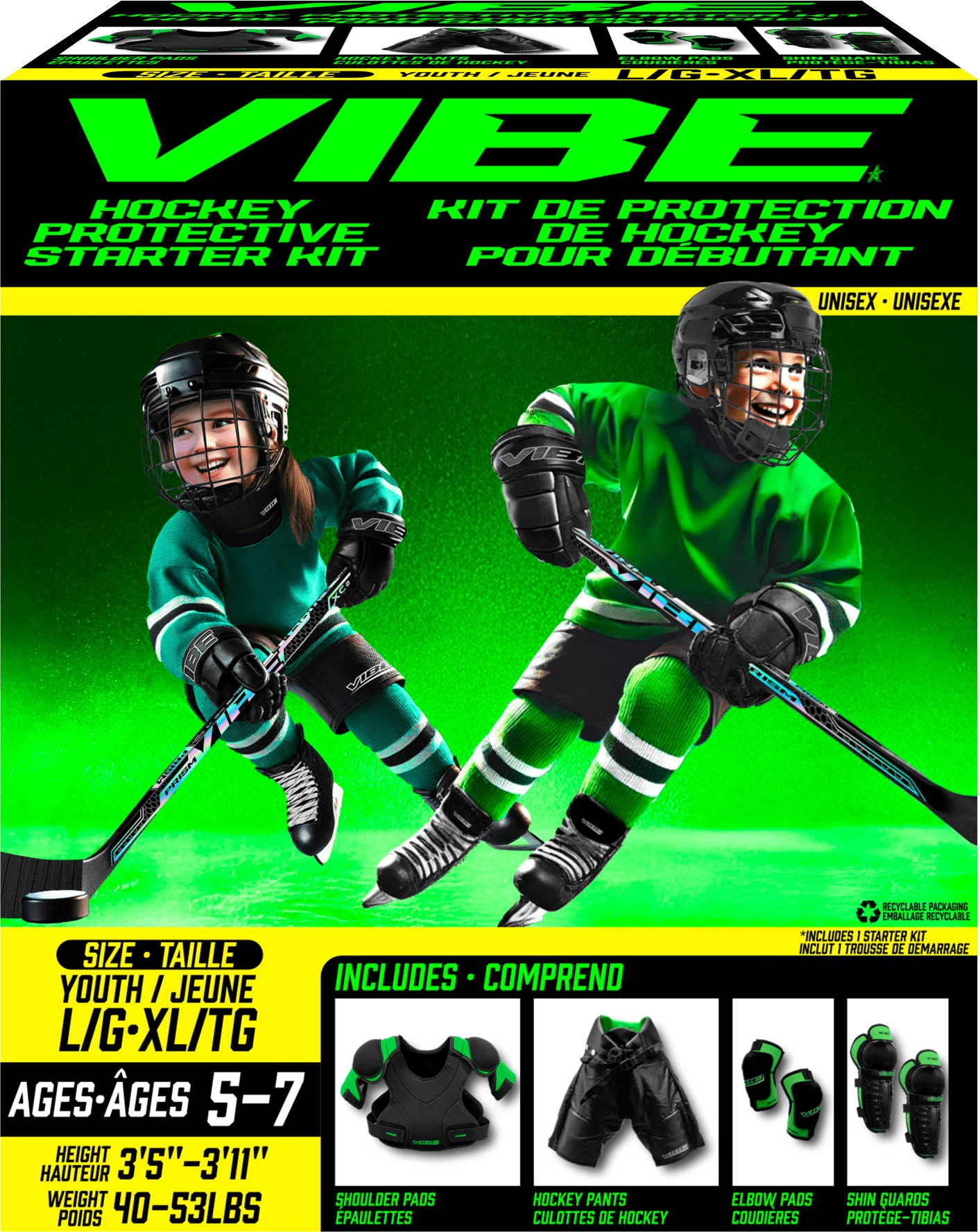 Ensemble de départ d’équipement de VIBE hockey pour jeunes – Épaulières, coudières, culottes et jambières – Grand/Très grand âges 5-7