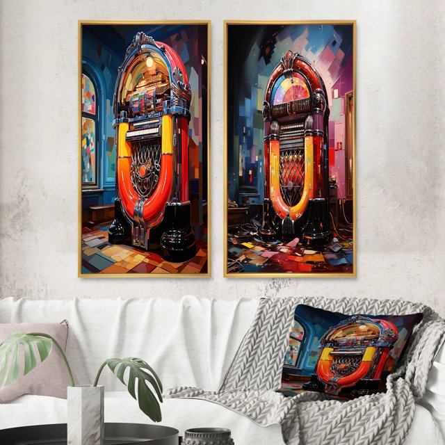 Designart "Jukeboxes Nostalgic harmonies I" Jukeboxes Framed Wall Art Set Of 2 - Orange Fashion Framed Canvas Set For Living Room Decor