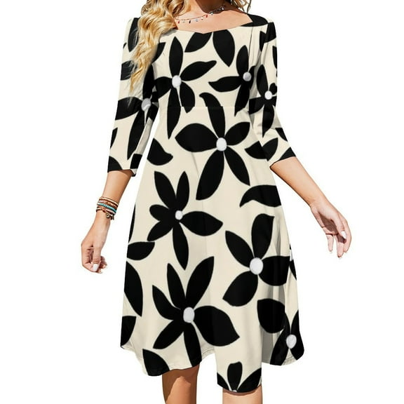 Black Flowers Beige Background Pattern Women's Fall Dresses Casual Loose Flowy Swing Shift Dress