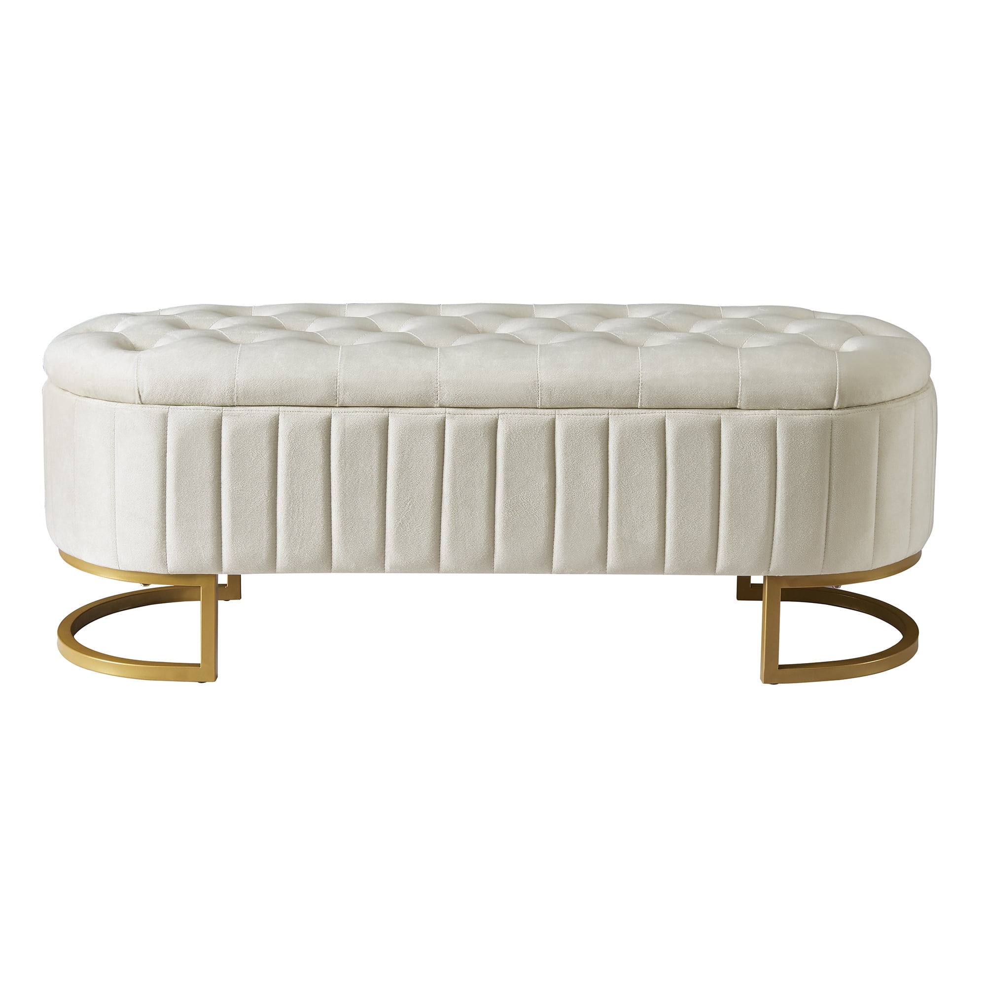 Euroco Upholstered Velvet Storage Ottoman Bench,End of Bed Bench with Metal Legs,Storage Chest for Bedroom,Living Room,Entryway,Beige