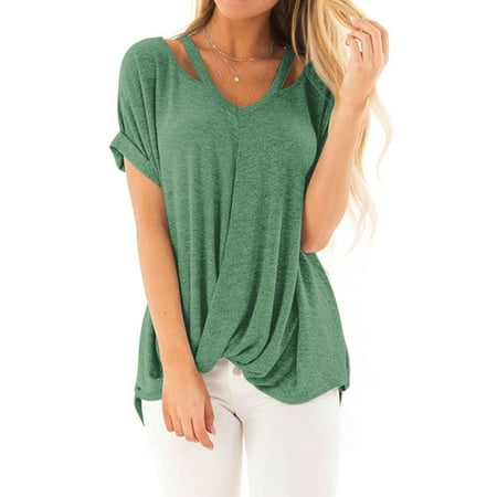 Twisted Knot Top - Nlife Women Cut Out V Neck Short Sleeve Twist Knot Hem Tops
