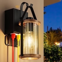 Outdoor Porch Light with GFCI Outlet Dusk to Dawn Sensor Wall Light Fixture for House Waterproof Exterior Lighting Fixtures Wood Glass Front Porch Garage Black