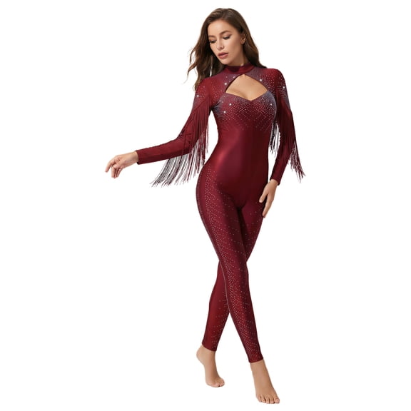 Aislor Women's Gymnastics Leotards Figure Skating Jumpsuit One Piece Full Body Glittery Rhinestone Unitards Burgundy S