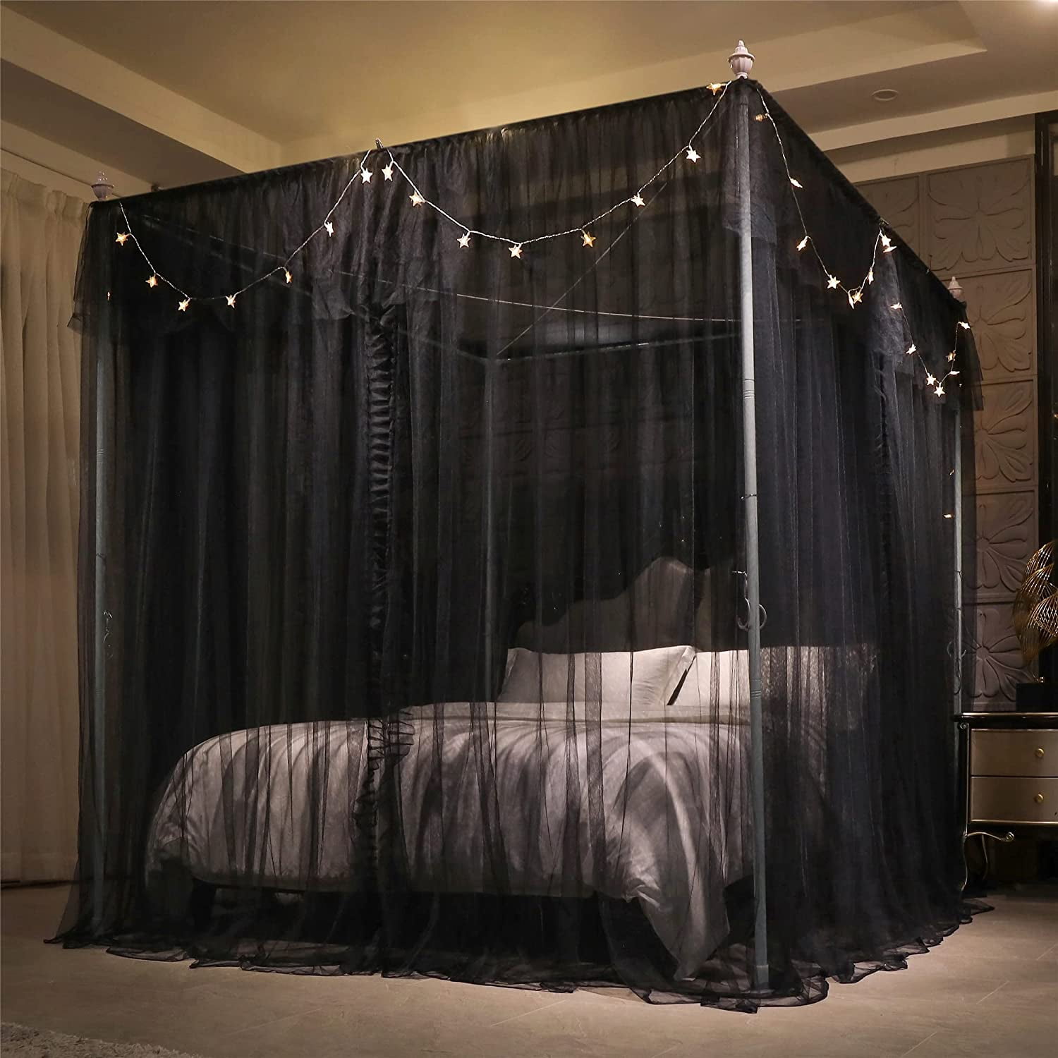 4 Corners Post Ruffle Princess Bed Canopy Curtain-Double Layer Cozy Drape Netting 4 Opening Mosquito Net for Girls Adults Bedroom Decoration (Double-Black,78" W*86" L*82"*H/King)