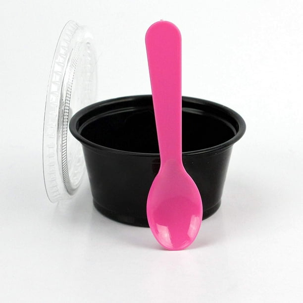 Disposable Black 2oz Plastic Condiment Cups with Lids and 3