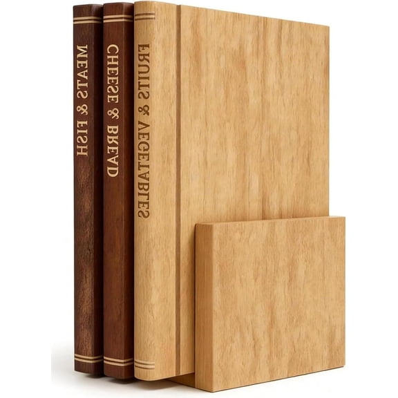 Book Board Set of 3 with Stand - Wooden Library Shaped Chopping Boards That Look Like Books, Labeled Meat, Fish, Cheese & Bread, Fruits & Vegetables, Decorative Kitchen Boards