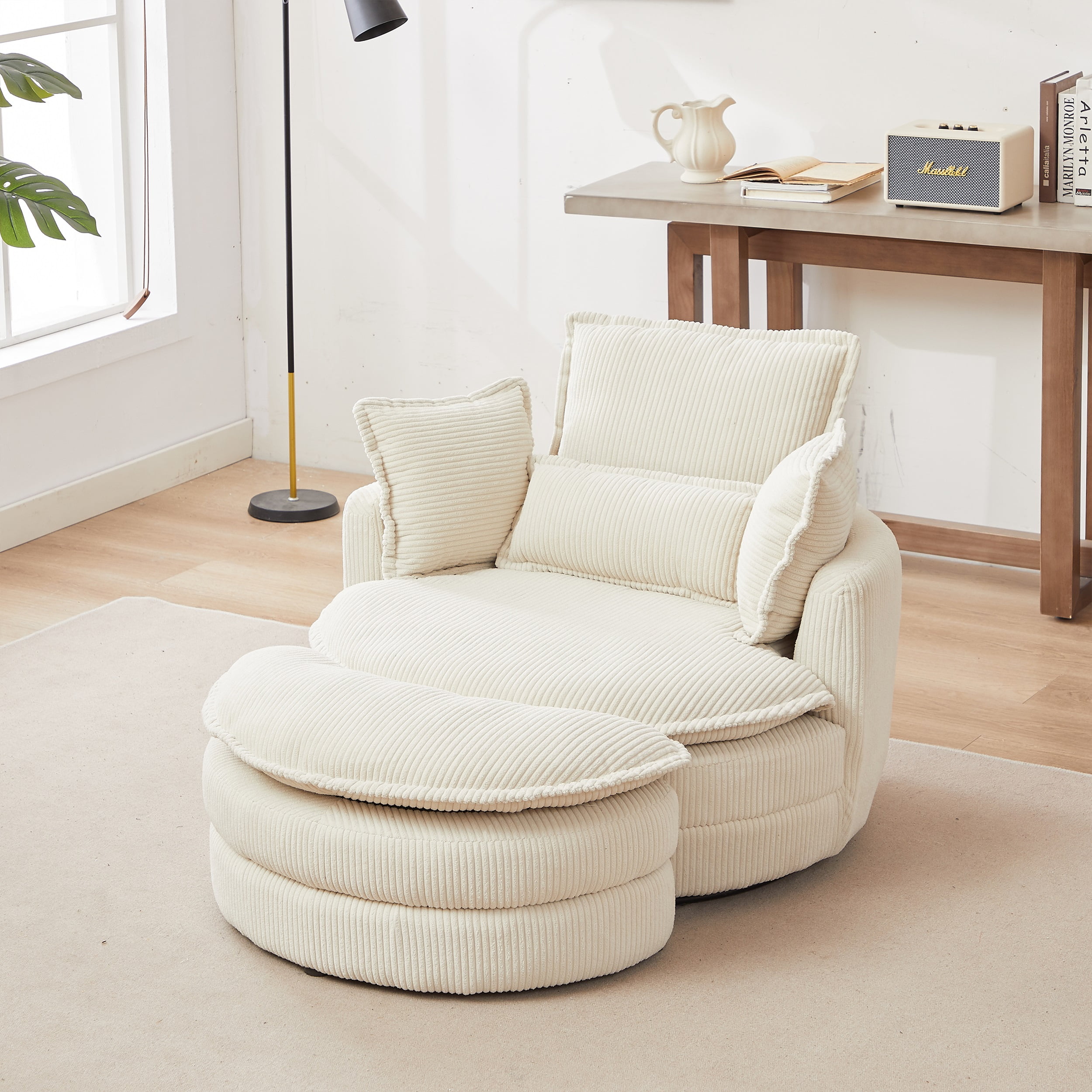 Dinosisco 38"W Oversized Swivel Accent Barrel Chair with Storage Ottoman, Beige Corduroy