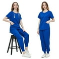 thumbnail image 2 of LYMAYTER Uniforme Médical pour Femmes Col Rond pour P-2TG Fermeture Éclair Couleur Unie Ensemble Multi-Poches, 2 of 6