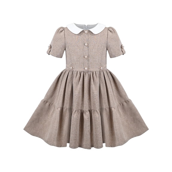 Girls Dress Brown White Collar Pearl Button Vintage Formal Short Sleeve 6 Years