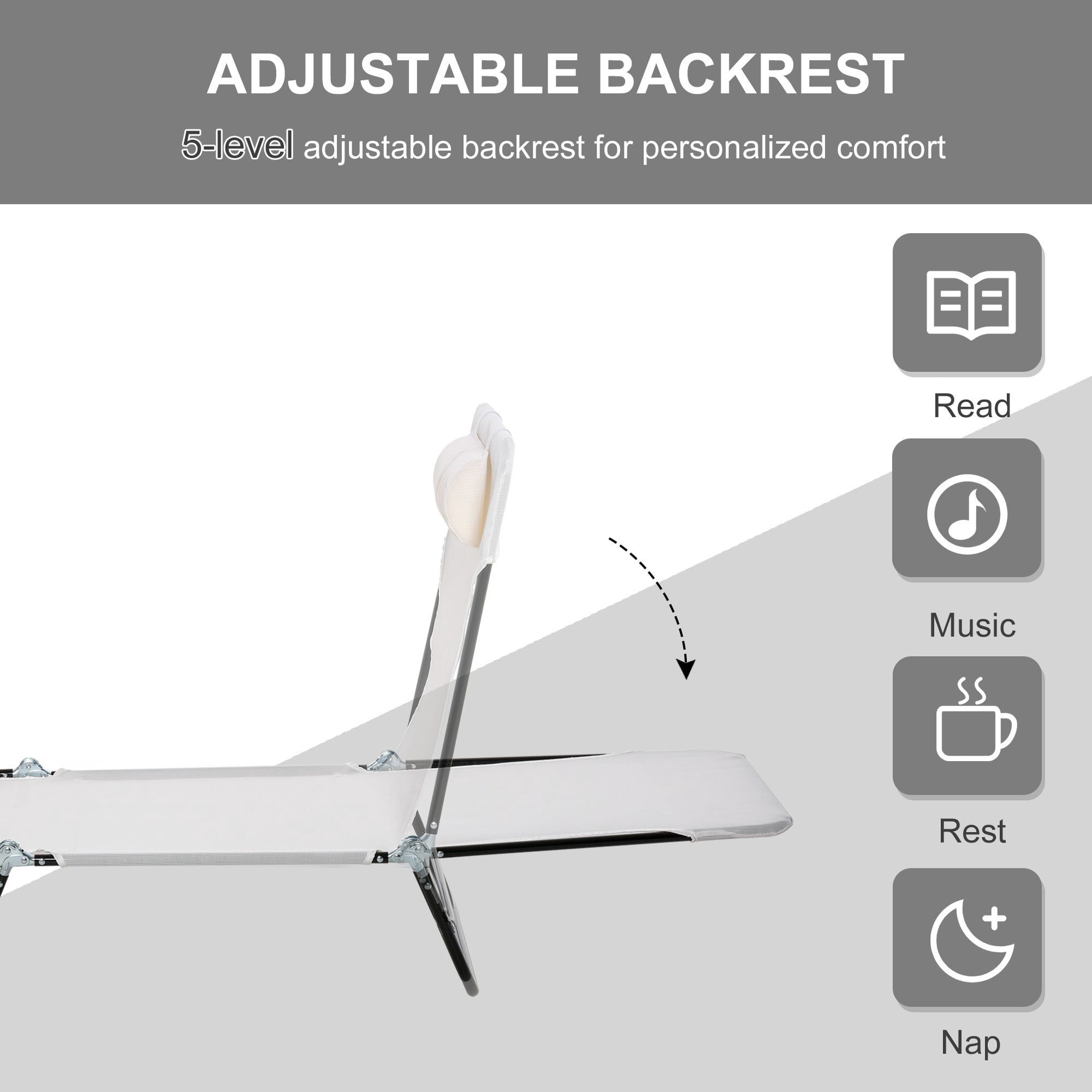 Folding Chaise Lounge Chair, Cream White, 5-Level Adjustable with Headrest, Breathable Mesh for Beach & Patio