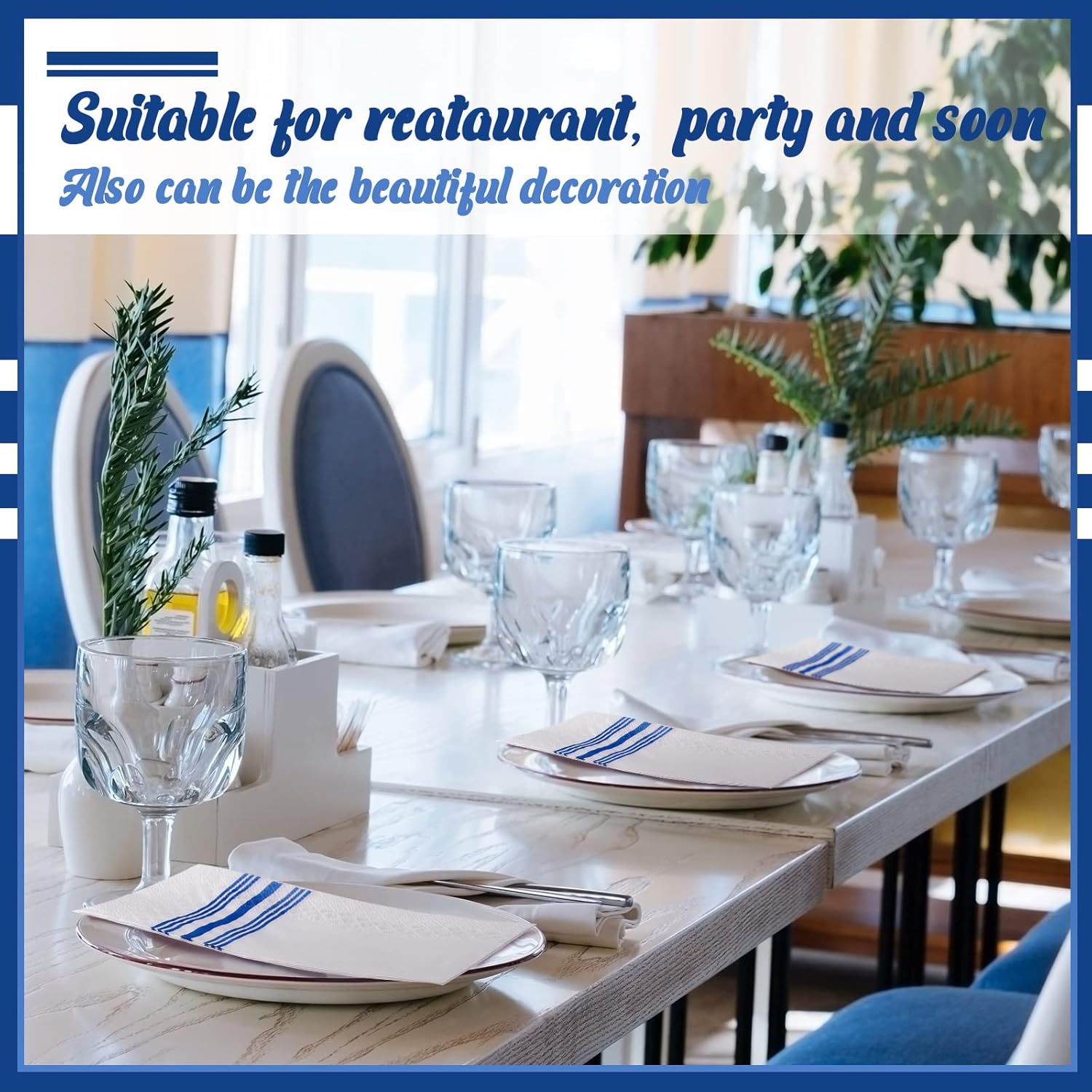 200 Pack Guest Napkins Disposable Paper Hand Towels Bathroom Decorative Napkins Linen Feel Soft Absorbent Bulk Dinner Paper Towels for Kitchen Event Wedding Christmas Party(Blue Stripe)