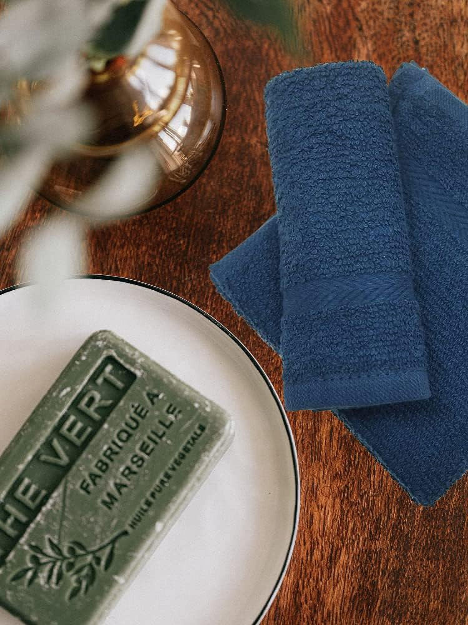 Linteum Textile Face Towel Set, 12x12 Inch, 100% Soft Cotton, 16 Single Ring Spun Washcloths, Absorbent & Durable Face Towel for Household, Spa, Gym and Hotels - 24 Pack (Navy Blue)