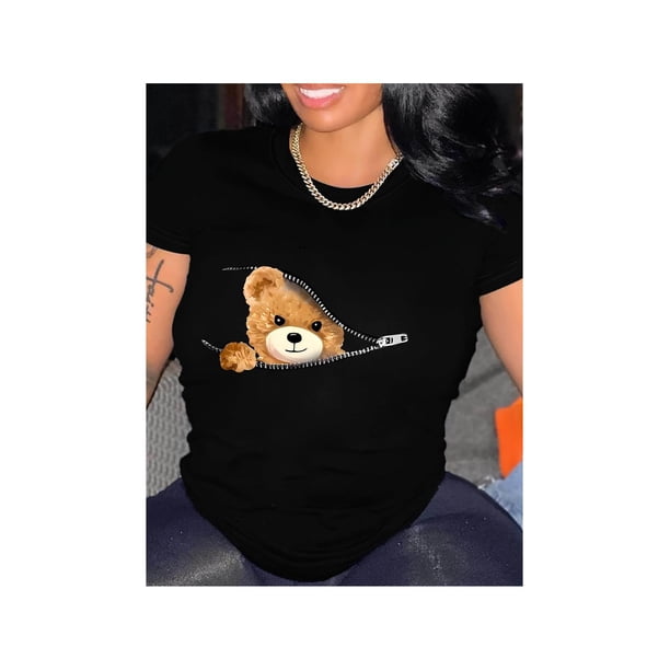 Women's Cute Teddy Bear Graphic T-Shirt - Casual Black Polyester Tee with Zipper Detail, Short Sleeves & Round Neckline, Machine Washable, Casual Wear|Playful Graphic Tee|Machine Washable Top