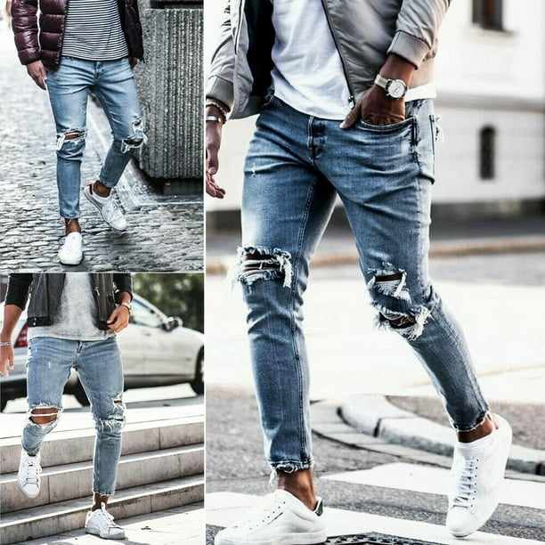 Handsome Fashion Men's Ripped Skinny Jeans Destroyed Frayed Slim Fit Denim  Pants Holes Trousers Light Blue S-XXL 
