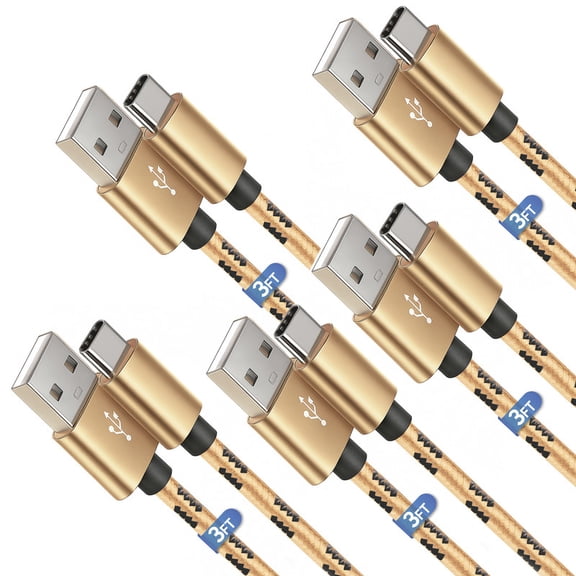 Afflux 5 Pack USB-A to USB-C Fast Charger Braided Type C Cable Compatible with iPhone 17 / 16 / 15 Pro Max Plus Air, Samsung Galaxy S25 S24 S23 Ultra, Google Pixel, iPad Pro, Universal (3ft, Gold)