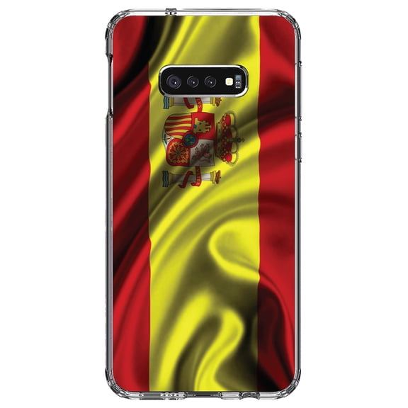 DistinctInk Clear Shockproof Hybrid Case for Samsung Galaxy S10e (5.8" Screen) - TPU Bumper, Acrylic Back, Tempered Glass Screen Protector - Spain Waving Spanish Flag Red Yellow - Spain