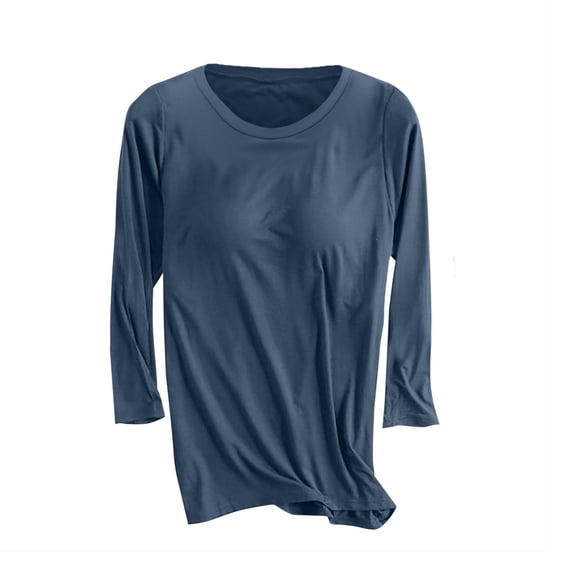 VEKDONE Built in Bra 3/4 Sleeve Tops for Women Casual Crewneck Slim Fit Basic Tee Shirts Ladies Soft Comfy Layer Shirts Solid Color Workout Blouses Navy S