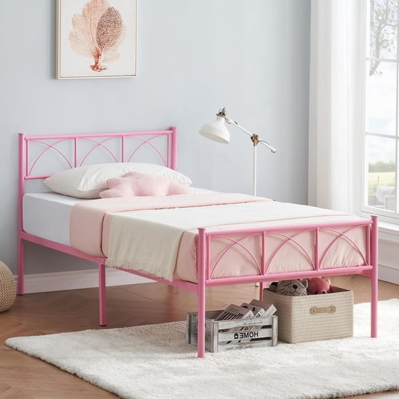 Twin Metal Bed Frame with Headboard and Footboard, Pink, Heavy Duty Slats, No Box Spring