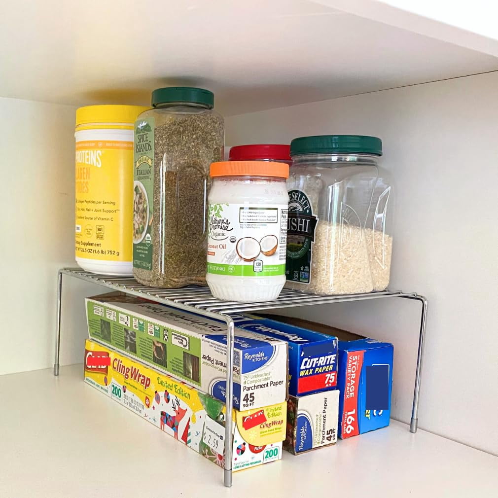 Evelots Kitchen Cabinet Wire Shelf Organizer/Rack - 4 Pack Sturdy Large Metal Shelf Risers - Double Your Counter Space - Great for Kitchen, Freezer, Pantry and Bathroom - Rustproof - Chrome