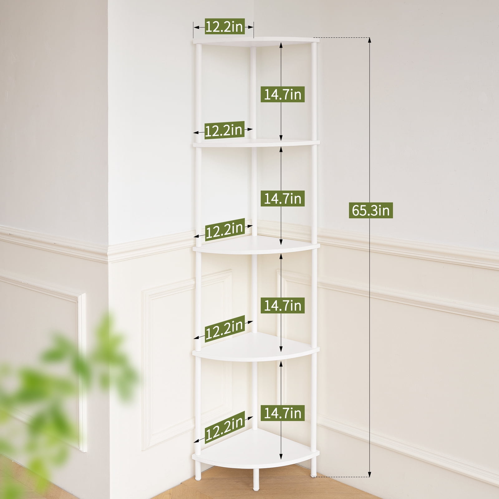 Yoobure Corner Shelf Stand, 5-Tier Corner Shelves, 65" Wall Corner Bookshelf, Display Shelf Tall Shelf Plant Stand for Bedroom, Bathroom, Living Room, White
