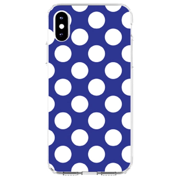 DistinctInk Clear Shockproof Hybrid Case for iPhone XR (6.1" Screen) - TPU Bumper, Acrylic Back, Tempered Glass Screen Protector - White & Dark Blue Polka Dots