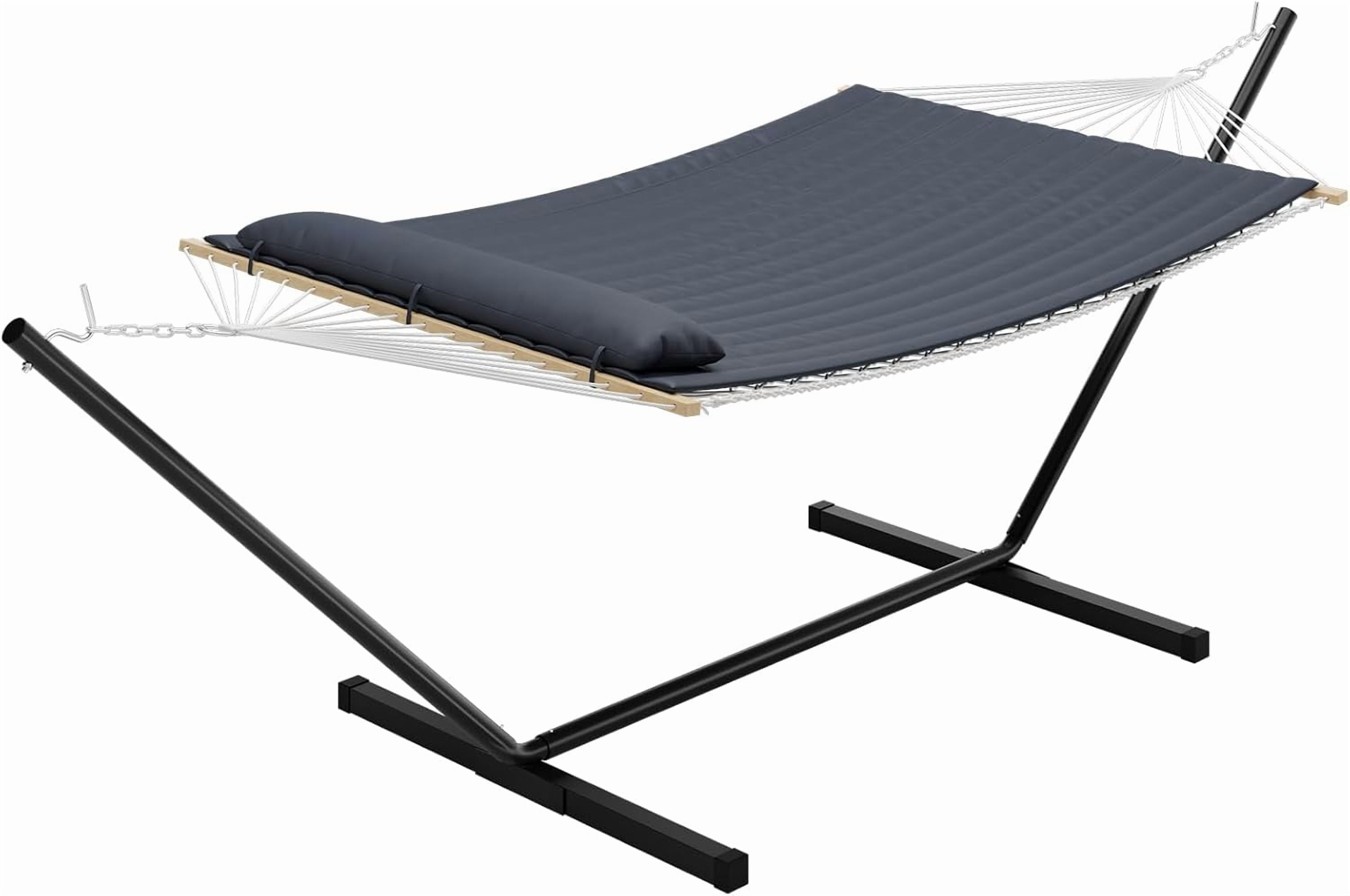Double Hammock with Space Saving Steel Stand Included - 2 Person Standing Hammock, Handmade Cotton Rope, PP Cotton Pad and Pillow, Outdoor Portable for Backyard and Garden, Off White